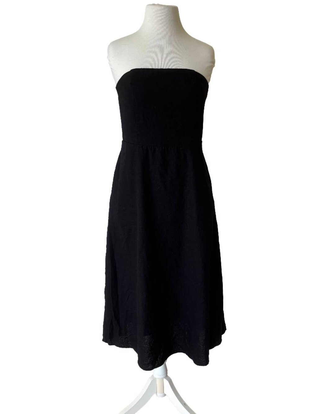 Nicole Miller NYC Designer Black Linen Blend Strapless Midi Dress SZ 8 Fit Flare